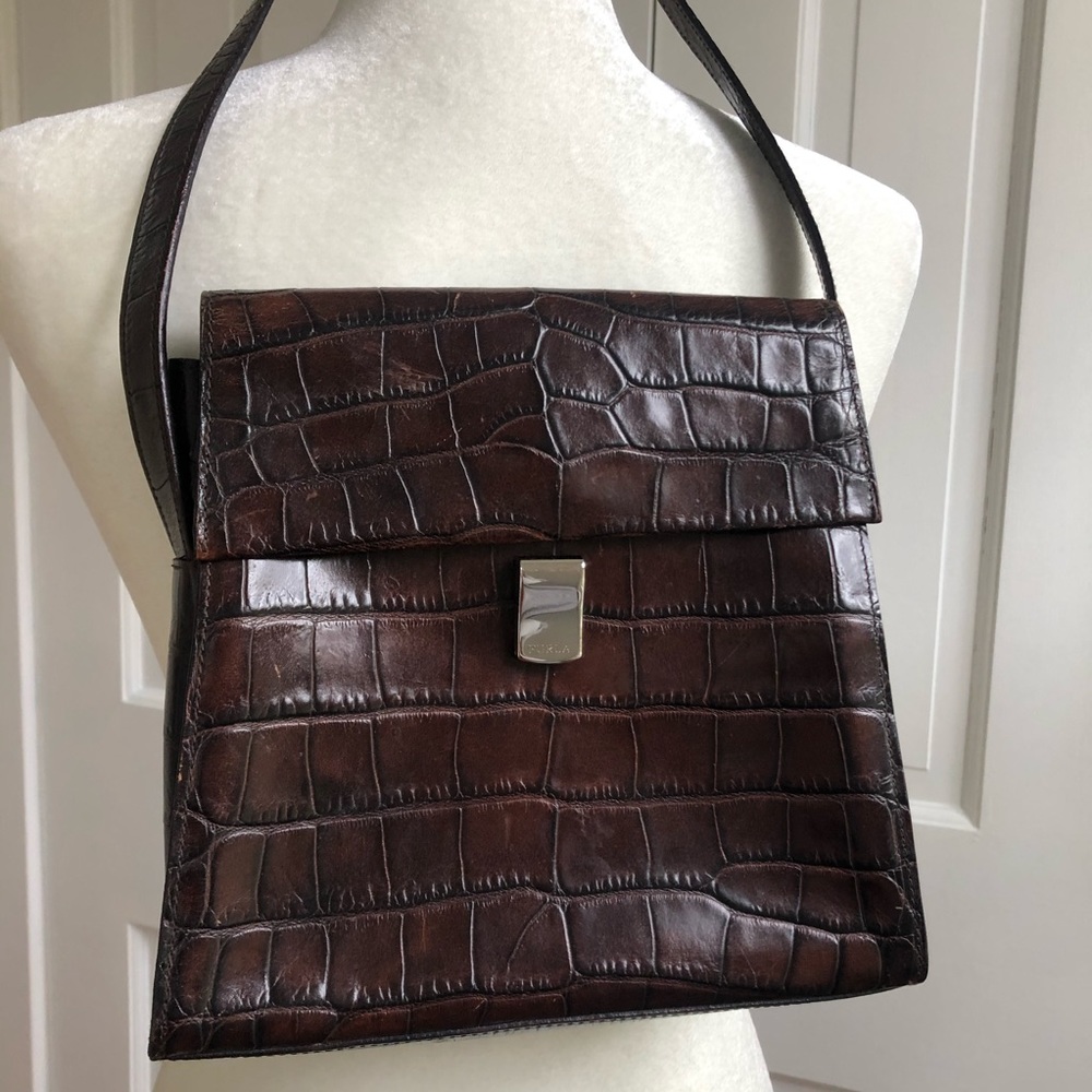 Furla croc embossed leather shoulder bag